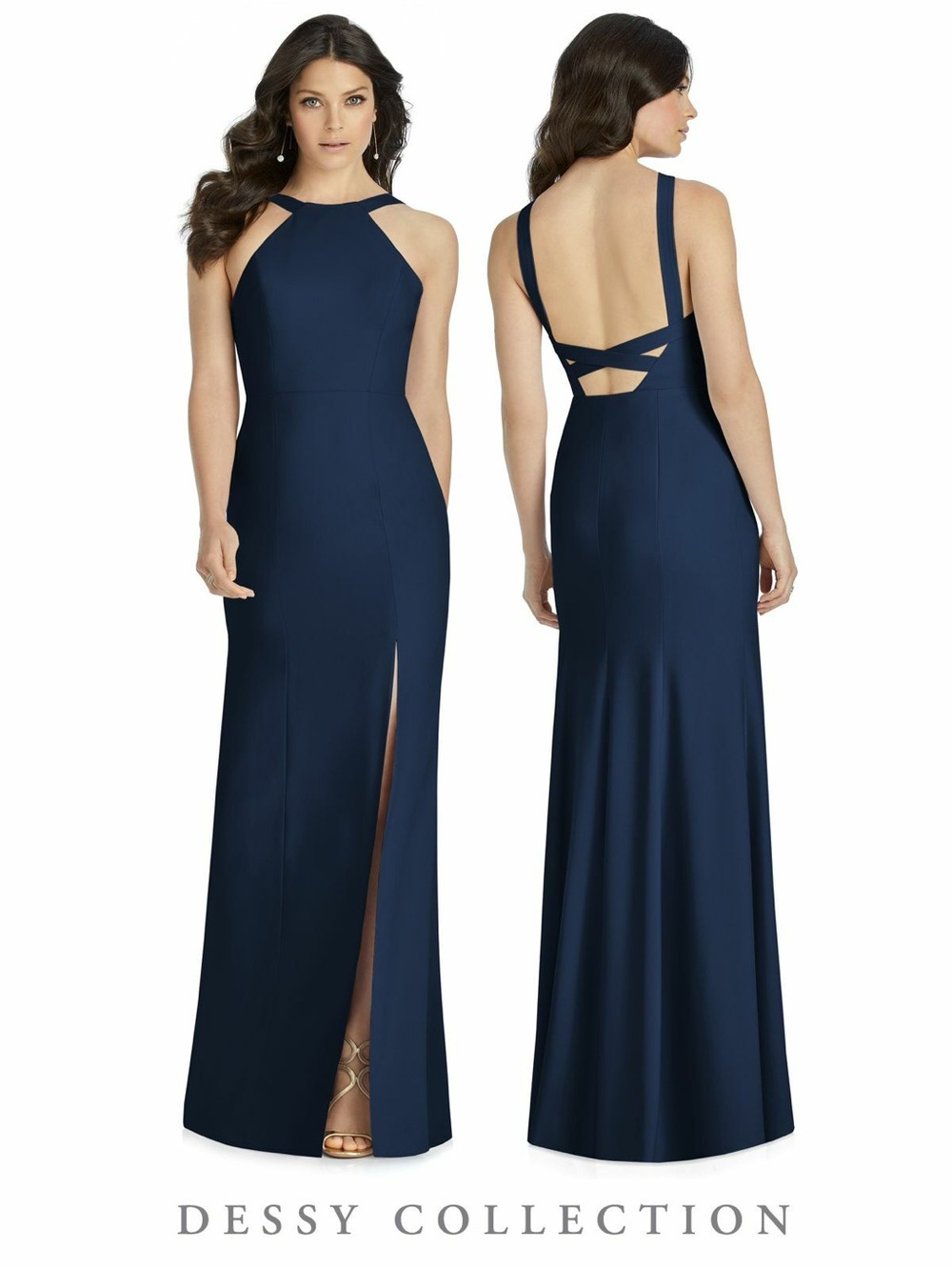 Brand New-Dessy Collection Midnight Navy Crepe Halter X-Back Dress